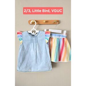 VGUC Little Bird Denim Top With Rainbow Sleeves & Matching Skirt, Sz 2/3